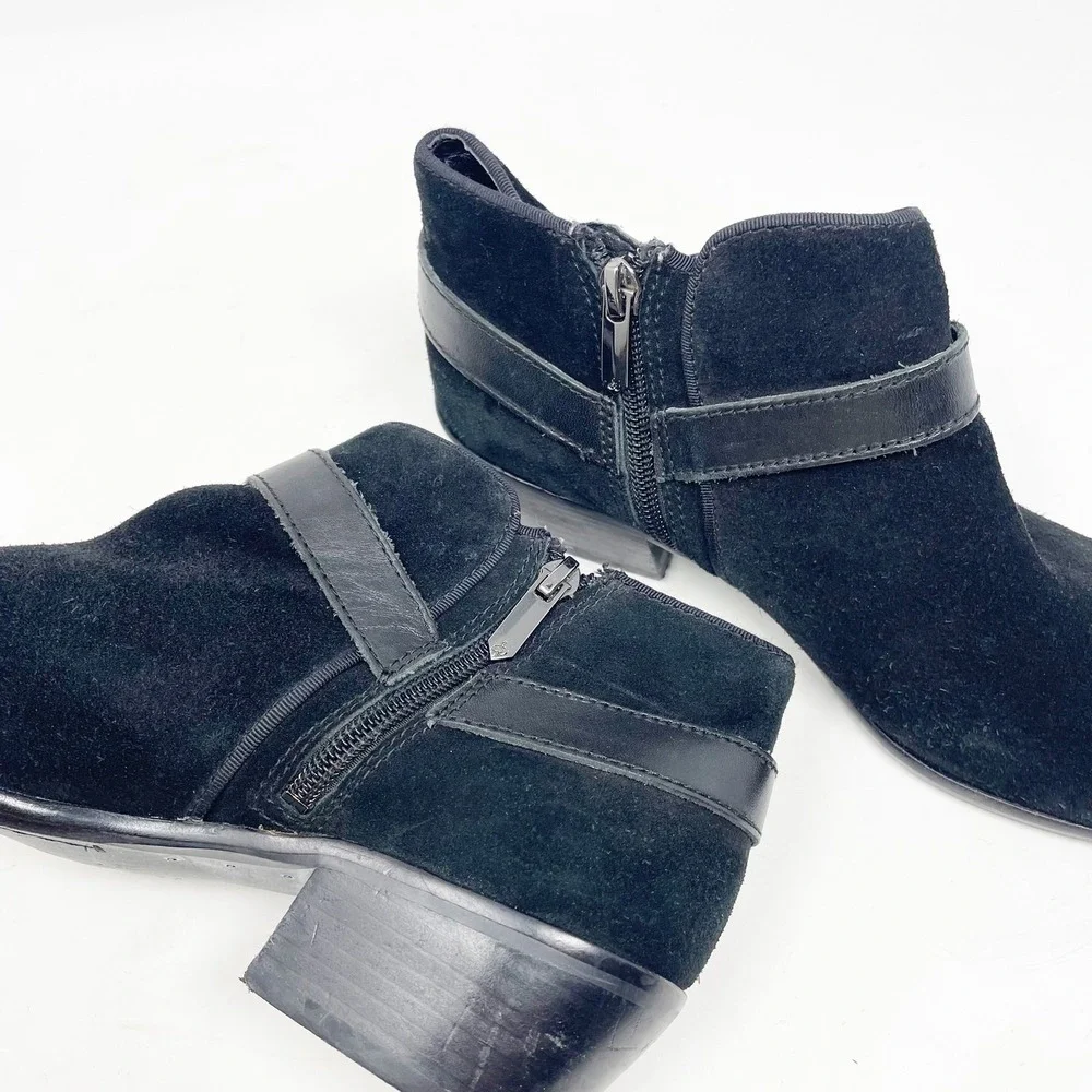 Sam Edelman Black Suede Harness Ankle Boots Size 8 Block Heel Zip Booties